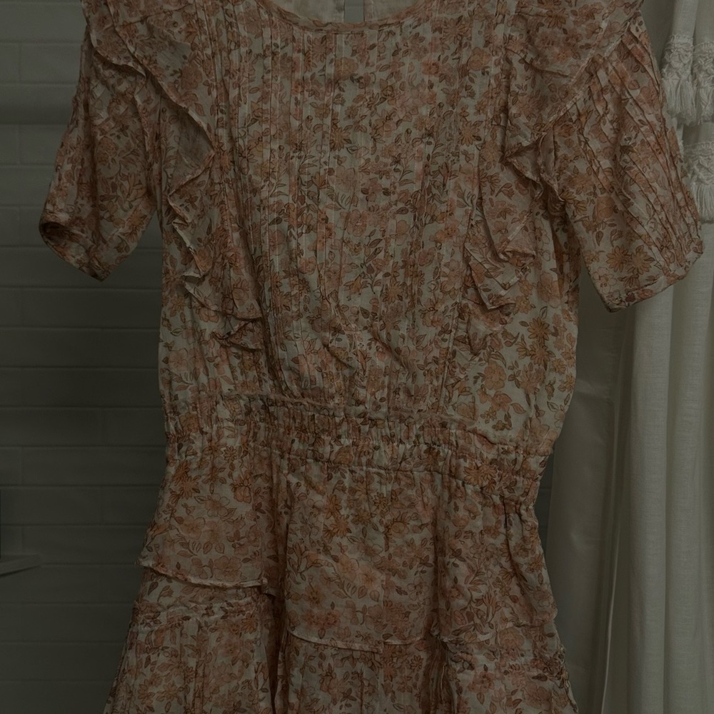 LoveShackFancy Floral Ruffle Dress in Cream and Brown
